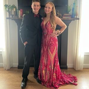 Jovani 22770 Iridescent Hot Pink Plunging Neck Sheath Dress Size 12